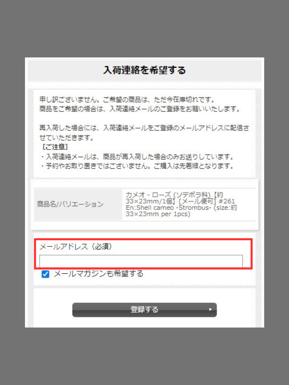 □再入荷のお知らせ機能ができました 貝殻の問屋さん- 世界の貝殻 